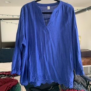 Blue Cotton Blouse with Eyelet Trim
